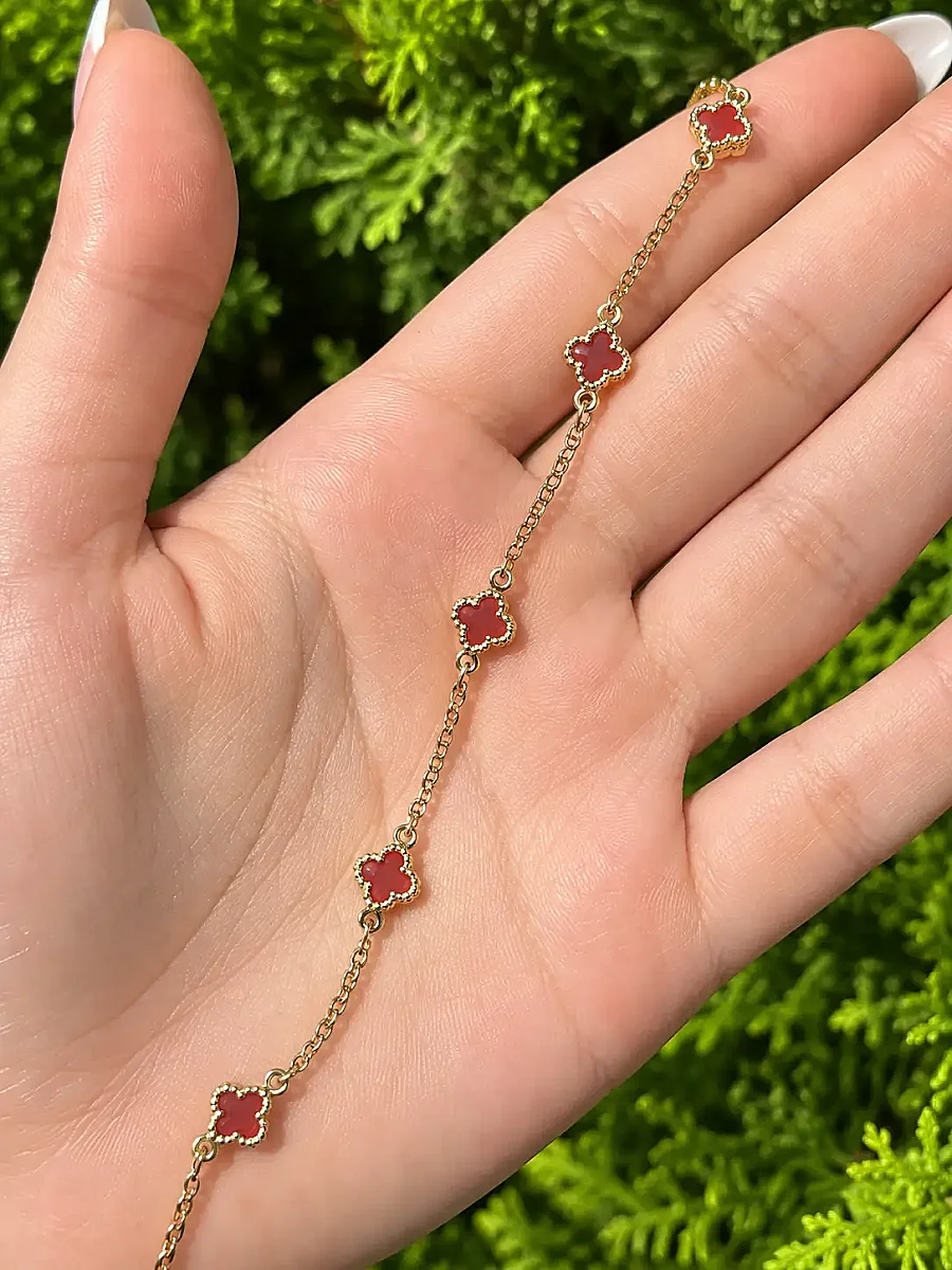 14 Ayar Altın Bordo Taşlı Yonca Model Bilek