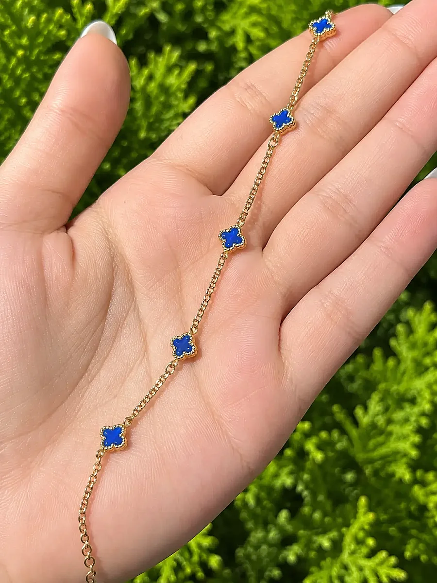 14 Ayar Altın Lacivert Taşlı Yonca Model Bileklik